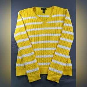 Lauren Ralph Lauren women's V-neck cable knit sweater feat. a yellow and white